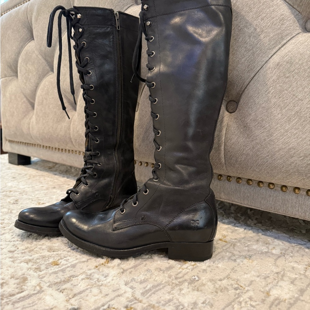 Frye Melissa size 6.5 NEVER WORN Black Leather Tall Lace-Up Boots - Picture 4 of 9